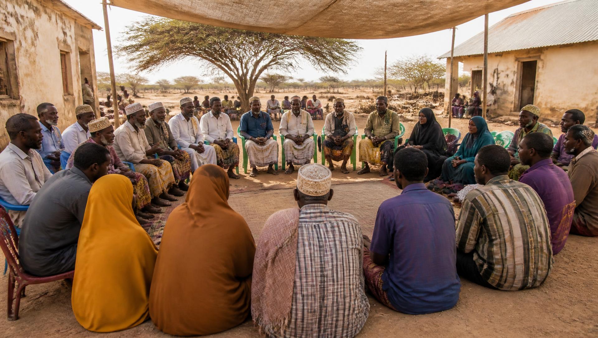 Community members seated in a circle during an outdoor dialogue meeting in Somalia